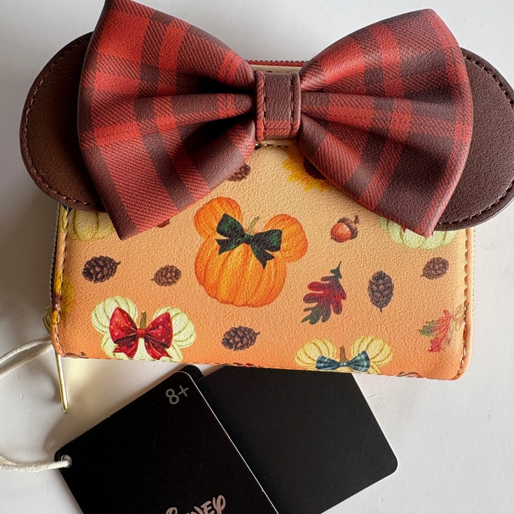 Disney Loungefly Minnie Mouse Fall Pumpkin Plaid Bow Zip Around Wallet NWT - Picture 2 of 6